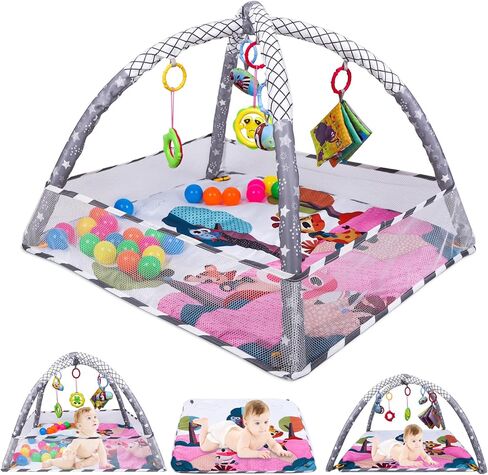 صالة الألعاب الرياضية للأطفال - سجادات لعب أنشطة الأطفال في صالة الألعاب الرياضية للأرضية للرضع وصالات الألعاب الرياضية وسجادات اللعب، سجادة أنشطة الأطفال بما في ذلك ألعاب التطوير الحسي المتحركة للرضع من البنات والأولاد (رمادي ووردي) in Kuwait