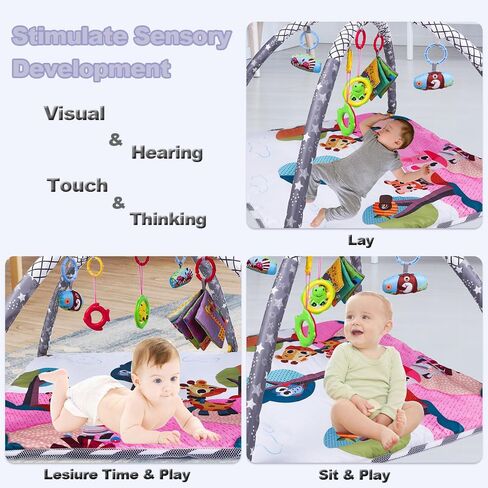 صالة الألعاب الرياضية للأطفال - سجادات لعب أنشطة الأطفال في صالة الألعاب الرياضية للأرضية للرضع وصالات الألعاب الرياضية وسجادات اللعب، سجادة أنشطة الأطفال بما في ذلك ألعاب التطوير الحسي المتحركة للرضع من البنات والأولاد (رمادي ووردي) in Kuwait