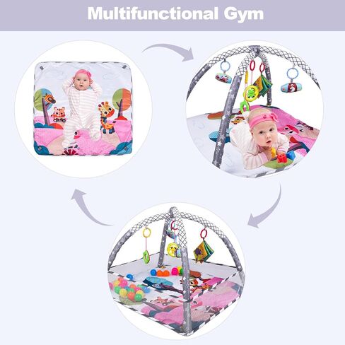 صالة الألعاب الرياضية للأطفال - سجادات لعب أنشطة الأطفال في صالة الألعاب الرياضية للأرضية للرضع وصالات الألعاب الرياضية وسجادات اللعب، سجادة أنشطة الأطفال بما في ذلك ألعاب التطوير الحسي المتحركة للرضع من البنات والأولاد (رمادي ووردي) in Kuwait