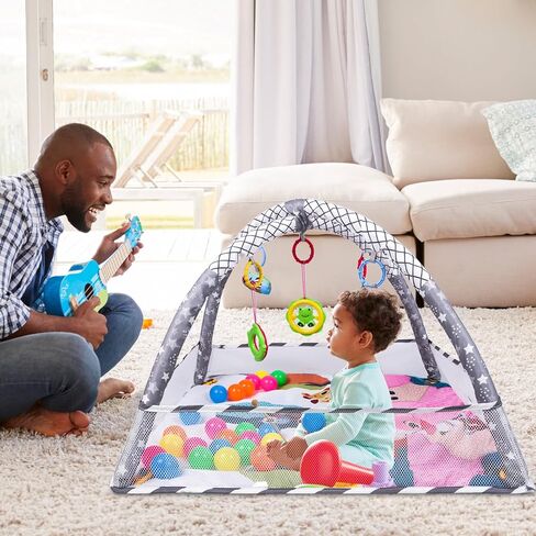 صالة الألعاب الرياضية للأطفال - سجادات لعب أنشطة الأطفال في صالة الألعاب الرياضية للأرضية للرضع وصالات الألعاب الرياضية وسجادات اللعب، سجادة أنشطة الأطفال بما في ذلك ألعاب التطوير الحسي المتحركة للرضع من البنات والأولاد (رمادي ووردي) in Kuwait