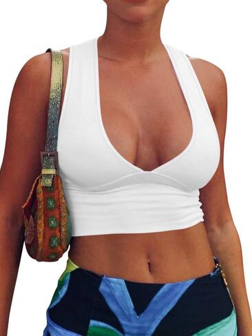 Nimsruc Sexy Tank Top for Women Deep V Neck Racerback Sleeveless Slim Fitted Summer Crop Tops for Women Trendy in Saudi Arabia