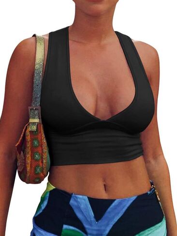Nimsruc Sexy Tank Top for Women Deep V Neck Racerback Sleeveless Slim Fitted Summer Crop Tops for Women Trendy in Saudi Arabia