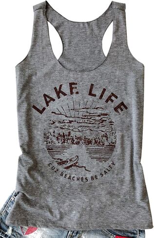 قمصان بدون أكمام صيفية من Lake Life للنساء قميص صيفي مضحك للعطلات في بحيرة كاميس للفتيات المراهقات قميص بدون أكمام للتمرين in Kuwait