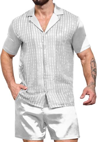 Mens Mesh Sequins See Through 70s Disco Shiny Metallic Shirts Sets 2 Piece Outfits Party Costume in Saudi Arabia