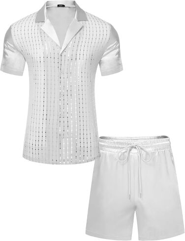 Mens Mesh Sequins See Through 70s Disco Shiny Metallic Shirts Sets 2 Piece Outfits Party Costume in Saudi Arabia