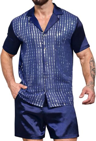 Mens Mesh Sequins See Through 70s Disco Shiny Metallic Shirts Sets 2 Piece Outfits Party Costume in Saudi Arabia