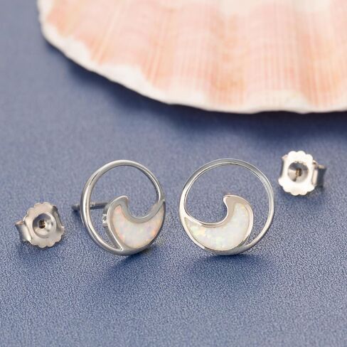 925 Sterling Silver Opal Ocean Wave Stud Earrings, Nickel Free Hypoallergenic for Sensitive Skin, Ocean Jewelry for Women, Gift Box Included in Saudi Arabia