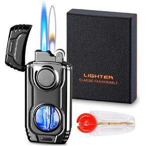 Torch Lighter, Cool Mecha Design Dual Flame Lighter, Refillable Butane Lighter with Visible Gas Window, Windproof Adjustable Jet Flame and Soft Flame, Great Gifts for Men(Without Butane)-Rainbow Ice