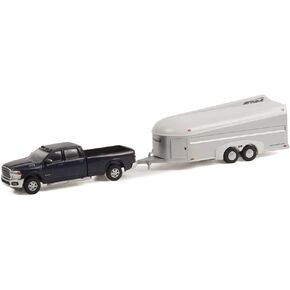Greenlight 32240-D Hitch & Tow Series 24 - 2021 Ram 3500 Laramie Crew Cab in Maximum Steel Metallic Clear with Aerovault MKII Trailer in White and Bare Aluminum 1/64 Scale