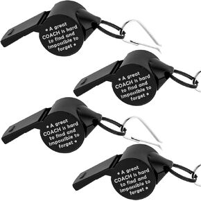 4 Pack Stainless Steel Lanyard Whistle Gift for Coach with A Word A Great Coach is Hard to Find and Impossible to Forget,Thank You Coach Gift，Loud Crisp Sound Whistles with 4 Gift Box. (Black)