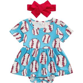 Newborn Baby Girl Baseball Outfit Short Sleeve Romper A Line Baseball Dress Headband Infant Summer Clothes
