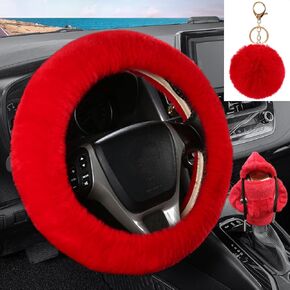 3 Pcs Fluffy Steering Wheel Cover Set,Car Shift Knob Funny Sweater Hoodie with Fuzzy Keychain,Fur Furry Car Accessories Set for Women Car Interior Decor (White)