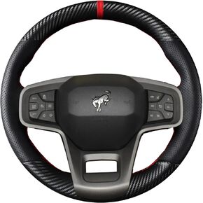 Hand-Sewing Steering Wheel Wrap Cover Black Perforated Leather/Matte Black Carbon Fiber Wrap Interior Protection Accessories for Ford Bronco 2022 2023 2024