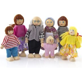 HYSTYLE 7 Pack Wooden Doll House Family Dollhouse Dolls Family Pretend Play Figures, Family Role Play Pretend Play Mini People Figures (Caucasian Style)