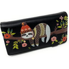 Shag Wear Chillin Sloth Large Animal Wallet for Women and Teen Girls Vegan Faux Leather Black 7"