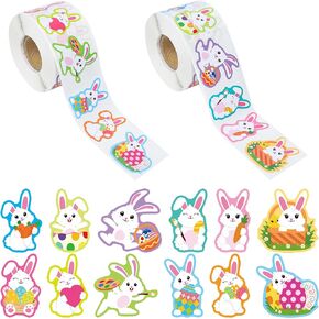1200 PCS Easter Bunny Stickers Roll 12 Designs Easter Egg Rabbit Stickers Self-Adhesive Easter Decorative Label Stickers for Envelopes Craft Card Gift Party Supplies, 2 Rolls