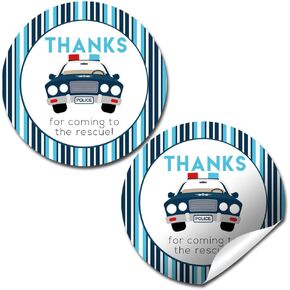 Police Car Birthday Thank You Sticker Labels, 40 2" Party Circle Stickers by AmandaCreation, Great for Party Favors, Envelope Seals & Goodie Bags