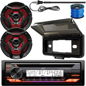 Single DIN Marine Bluetooth USB AUX AM/FM Radio CD Player Receiver Bundle Combo with 2x 6.5" 260W 2-Way Black Boat Audio Speakers with MultiColor LEDs, Receiver Shield, Antenna, Speaker Wiring