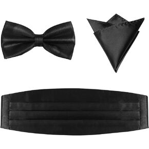 Mens Cummerbund and Bow Tie Set Pocket Square Bow Tie Black Mens Formal Satin Bowtie and Cummerbund Set Gentlemen Suit Accessories for Business Wedding Party Banquet