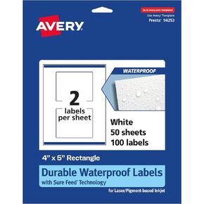Avery Durable Waterproof Rectangle Labels with Sure Feed, 4" x 5", 100 Oil and Tear-Resistant Waterproof Labels, Print-to-The-Edge, Laser/Pigment-Based Inkjet Printable Labels
