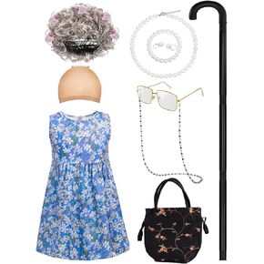 11Pcs 100 Days of School Old Lady Costume for Kids, elderly outfit for Girls, Wig Cane Cosplay Accessories Blue, S