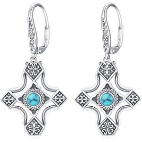 Turquoise Earrings 925 Sterling Silver Cross Dangle Leverback Earrings Vintage Cross Earrings Goth Trendy Religious Jewelry Birthday Christmas Gifts for Mom Grandma Wife Friends