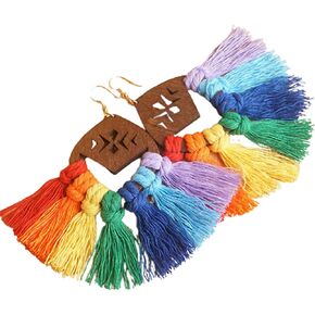 Colorful Rainbow Wooden Tassel Dangle Earrings Bohemian Hand-Knit Earrings Handmade Exaggeration Weaving Ethnic Tassel Pendant Earrings for Women Teen Girls Vintage Jewelry