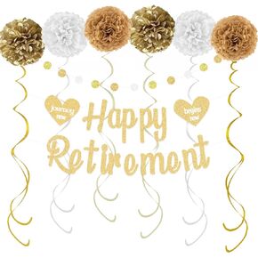 KOKAR Happy Retirement Decorations – Gold Happy Retirement Banner, Paper Pom Poms, Hanging Swirls and Glitter Circle Dots Garland for Retirement Party Decorations