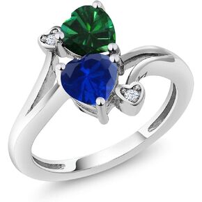 Gem Stone King 925 Sterling Silver Green Nano Emerald Blue Created Sapphire Ring For Women (1.51 Cttw, Heart Shape 6MM, Gemstone May Birthstone, Available In Size 5, 6, 7, 8, 9)