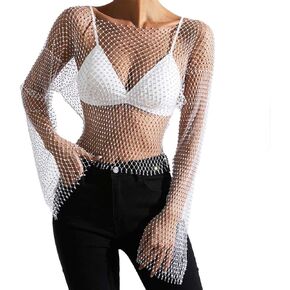 Uranian Rhinestone Mesh Crop Top Sexy Body Chain See Through Tank Top Long Sleeve Bikini Cover Up for Beach Party Festival