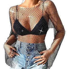 Uranian Rhinestone Mesh Crop Top Sexy Body Chain See Through Tank Top Long Sleeve Bikini Cover Up for Beach Party Festival in Kuwait