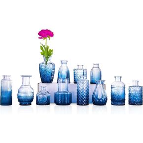 12PCS Mini Vintage Glass Bud Vase Set Clear/Pink/Blue/Amber Relief Vases for Home Decor Centerpieces,Rustic Wedding Decorations,Party Decorations (Transparent)