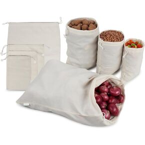 Reusable Cotton Storage Produce Bags With Drawstrings Set of 8 Mixed (S,M,L,XL), Muslin Bags - For Bulk Food Storage, Vegetable, fruit, Food, Snack, Footwear, Toys Storage Bag