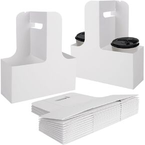 50 Pack White Drink Carrier with Handles, Paperboard Cup Holder for 2 Cups, Disposable Cup Carrier for Hot and Cold Drinks Cafe Takeout Restaurant Food Delivery