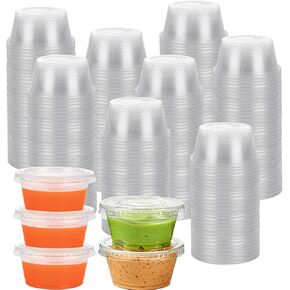 [500 مجموعة - 2 أونصة] أكواب جيلو شوت أكواب بلاستيكية مع أغطية، حاويات بهارات صغيرة، أكواب صلصة غمس للاستعمال مرة واحدة لتتبيل السلطة، أكواب سوفلي شفافة للسوفليه، عينات الطعام، الغداء، البار in Kuwait