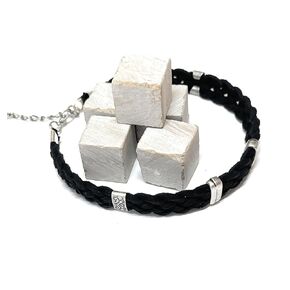 Men's Black Anklet With Silver Charm Tubes, Braided Soft Leather Men Ankle Bracelet