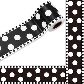 Whaline 32.8ft Dot Bulletin Board Borders Black White Dot Die-Cut Rolled Border Trim for School Classroom Office Chalkboard Decoration