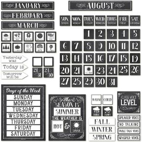 Classroom Calendar Set Bulletin Board Decor – School Calendar for Classroom Elementary & Preschool, Bulletin Board Decorations with Weather Chart & Seasons, Chalkboard Teacher Must Haves