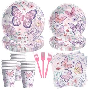 أدوات مائدة للحفلات ديكورات الفراشة - لوازم حفلات أعياد الميلاد على شكل فراشة للفتيات، طبق ورقي، كوب، منديل، شوكة للاستعمال مرة واحدة، ديكورات طاولة استحمام على شكل فراشة لعيد ميلاد الطفل | يخدم 24 in Kuwait