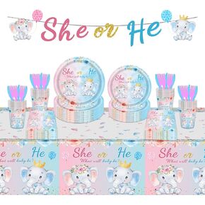 122PCS Gender Reveal Party Supplies Serve 20 Gender Reveal Party Decorations Blue and Pink Elephant Gender Reveal Tableware Set Includes She or He Banner Tablecloth Plates Napkins Cups Forks Knives in Kuwait