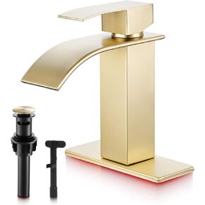Gold Bathroom Faucet - Waterfall Brushed Gold Bathroom Faucet, Single Hole Sink Faucet with Drain and 3 Hole Cover Plate, 304 Stainless Steel in Saudi Arabia