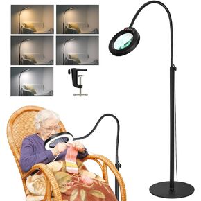 10X Magnifying Glass with Light and Stand, Krstlv 24" Flexible Gooseneck Magnifying Floor Lamp, 3-in-1 LED 5 Color Modes Stepless Dimmable Lighted Magnifier Hands Free for Close Work, Hobby, Reading