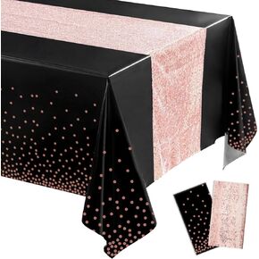 2pcs Black and Rose Gold Tablecloth Sequin Table Runner Set Birthday Glitter Polka Dots Plastic Table Cover for Birthday Decorations Wedding Anniversary Party Supplies
