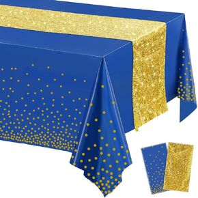 2pcs Black and Rose Gold Tablecloth Sequin Table Runner Set Birthday Glitter Polka Dots Plastic Table Cover for Birthday Decorations Wedding Anniversary Party Supplies