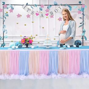 leegleri Pink Tulle Table Skirt for Baby Shower,14FT Pink Ruffle Tutu Table Skirt with LED Light for Princess Girls Birthday Party Cake Dessert Table Decorations