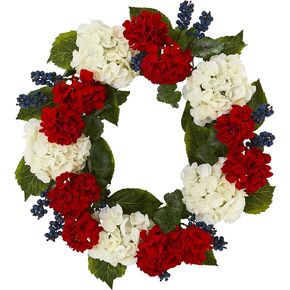 Nearly Natural 21 in. Geranium and Blue Berry Artificial Wreaths Multi