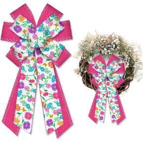 Large Spring Bow for Wreath, Pink Daisy Bow for Front Door, Pink Dots Daisy Flower Wreath Bow for Party Decor Indoor Outdoor Wall Spring Summer Decoration Supplies Ornament Spring Flower Bow