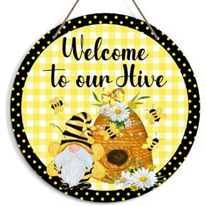 Bee Welcome Sign for Front Door, Welcome to Our Hive Door Sign Decoration, Bee Gnome Round Decorative Wall Sign, Summer Wooden Hanging Sign for Farmhouse Home Porch Living Room Kitchen -21