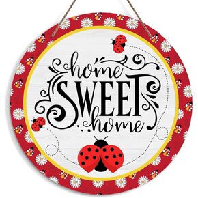 Home Sweet Home Welcome Sign for Front Door, Ladybug Welcome Door Sign Decoration, Round Decorative Wall Sign, Rustic Wooden Hanging Sign for Farmhouse Home Porch Living Room -25