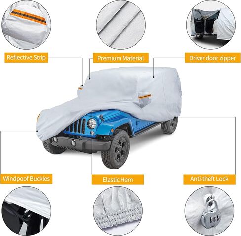 غطاء BDFHYK Jeep Wrangler بأربعة أبواب 1987-2021 190T، غطاء خارجي للحماية من جميع الأحوال الجوية مخصص لأربعة أبواب جيب مع كابل قفل بسحاب لباب السائق in Kuwait